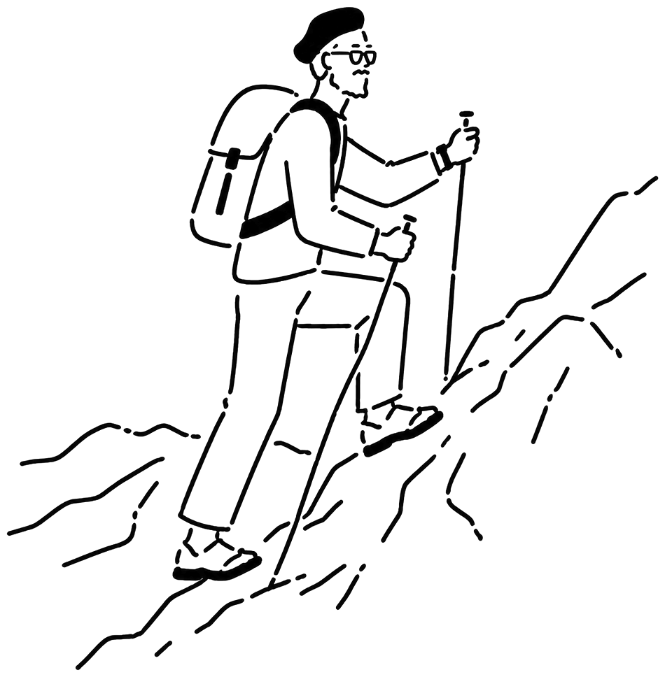 Line drawing of a person in a beret and glasses hiking up a rocky slope with trekking poles / 线稿：一个戴贝雷帽和眼镜的人拄着登山杖爬上岩坡