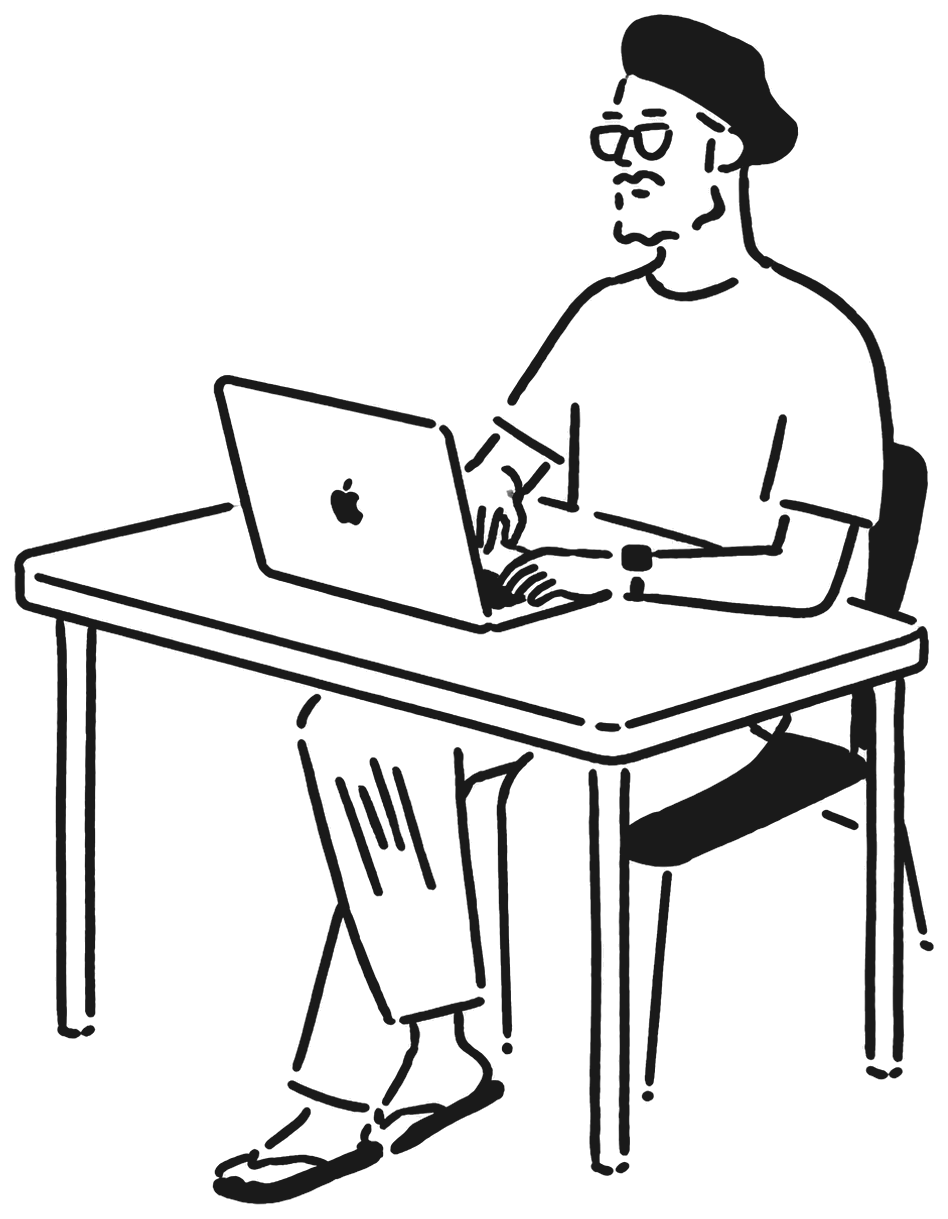 Line drawing of a person in a beret and glasses typing at a MacBook / 线稿：一个戴贝雷帽和眼镜的人坐在桌前，对着 MacBook 敲键盘